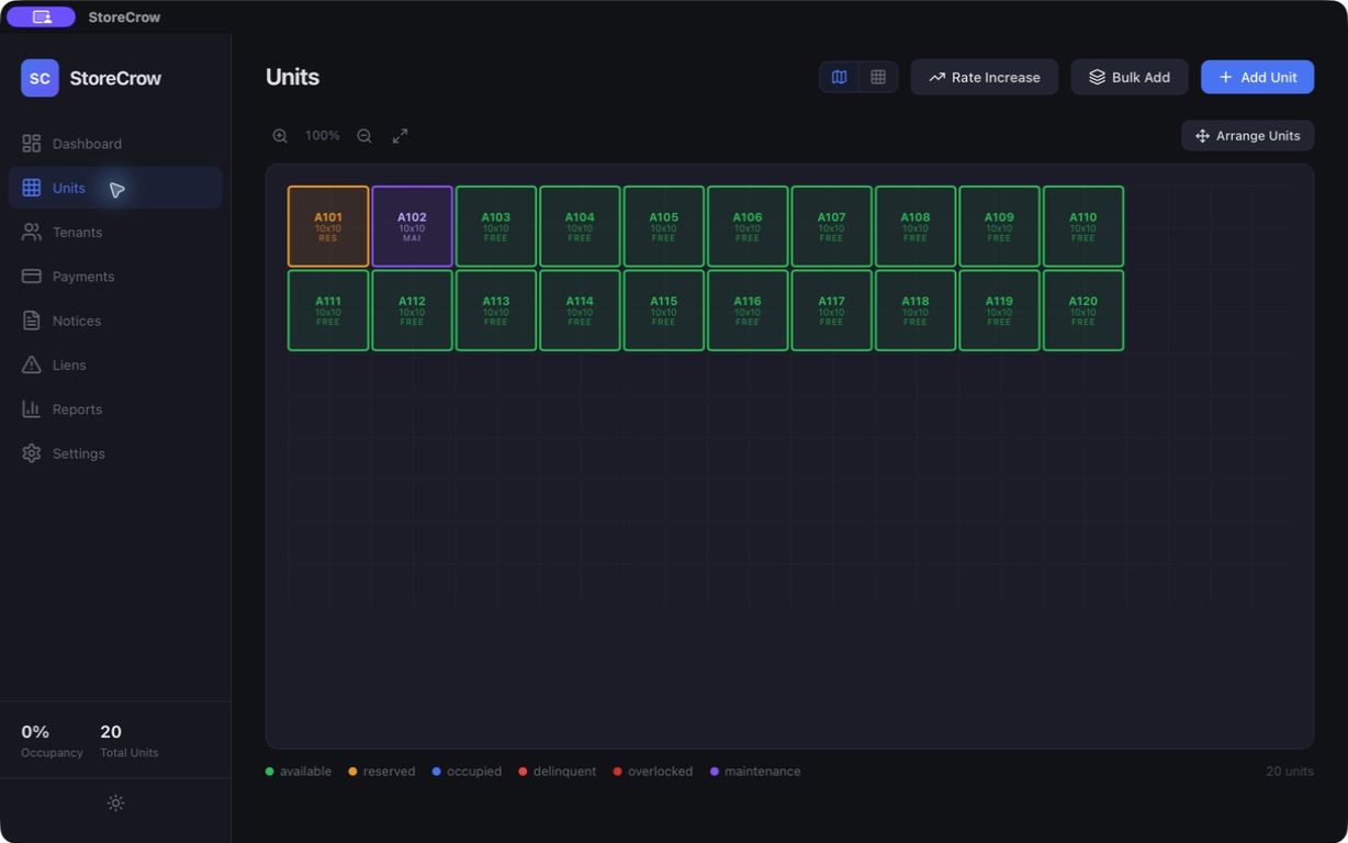 StoreCrow facility map with live unit statuses in dark mode