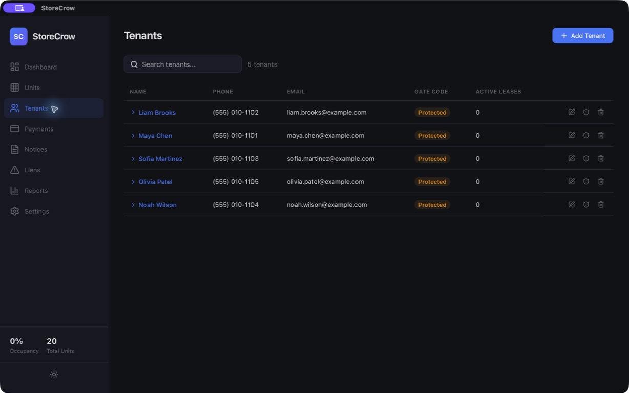StoreCrow searchable tenant records in dark mode