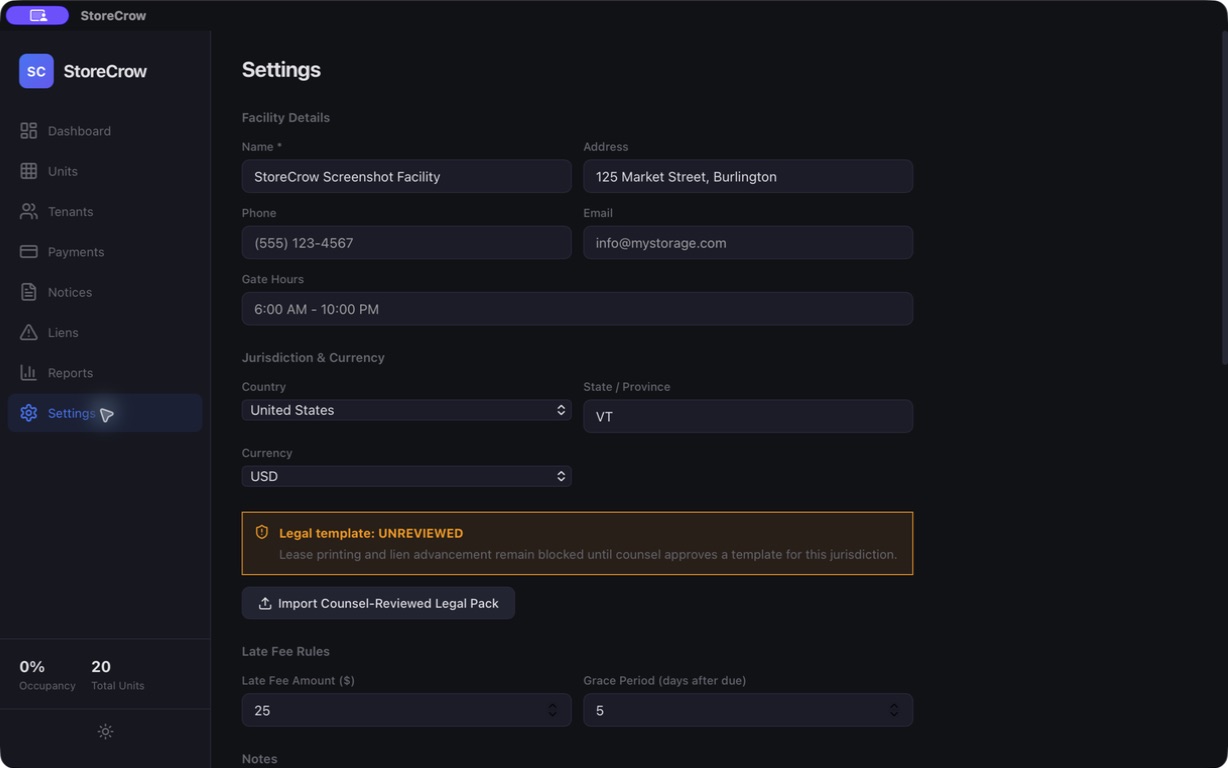 StoreCrow facility policy and data settings in dark mode
