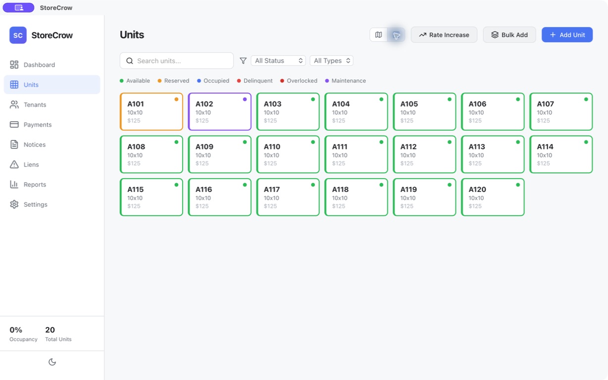 StoreCrow unit card grid with twenty synthetic units