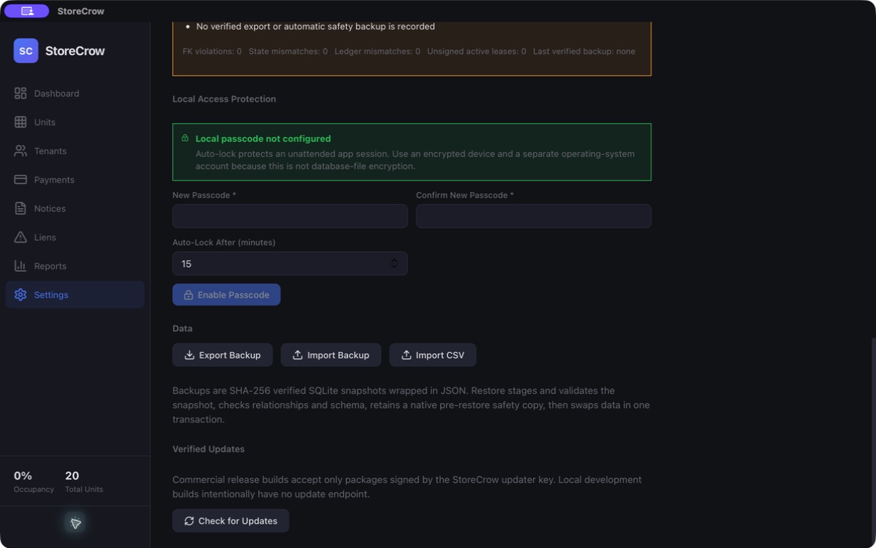 StoreCrow Data Health and recovery controls